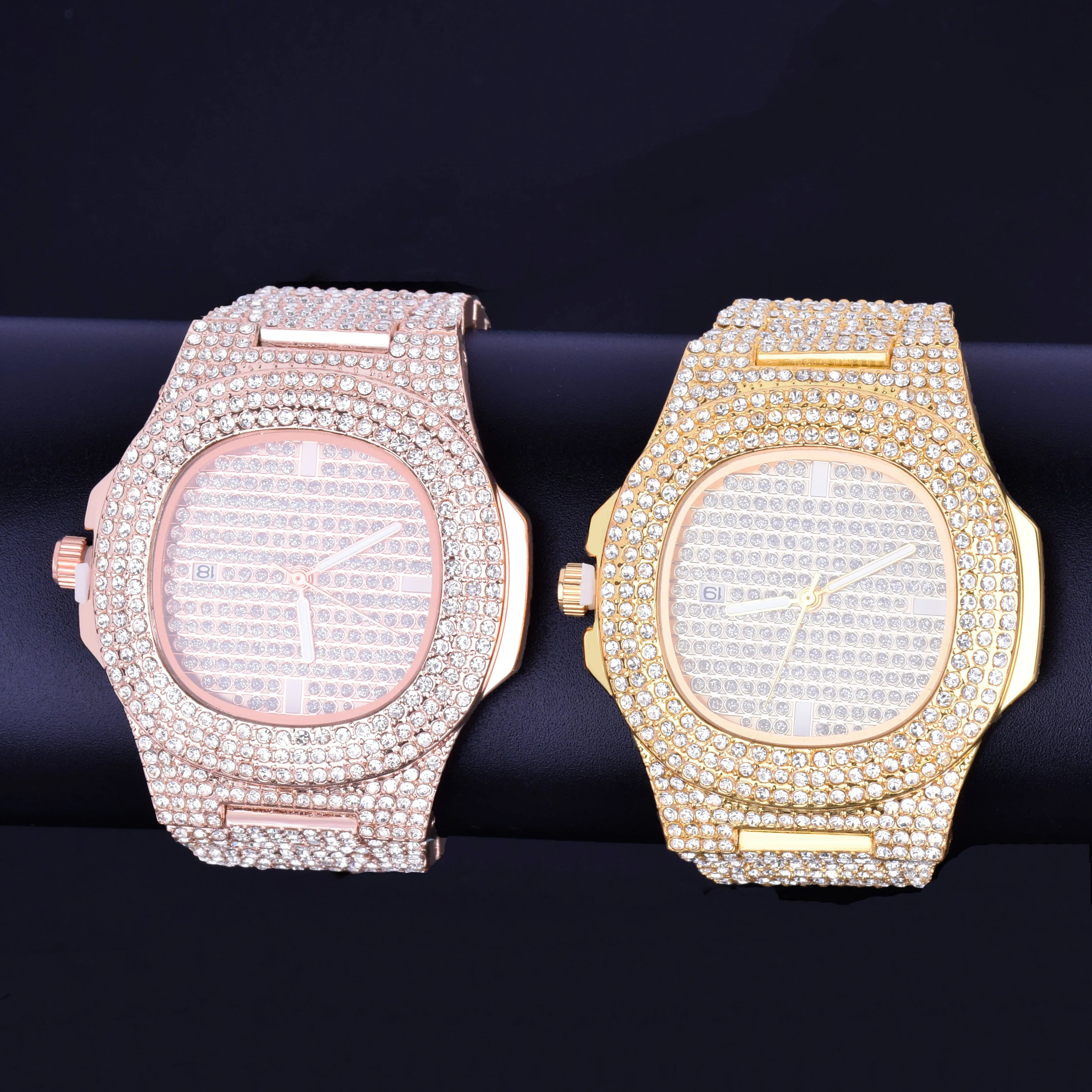 Bubble Letter Red Watch for Men Big Dial Military Quartz Clock Luxury Rhinestone Waterproof Hip Hop Jewelry