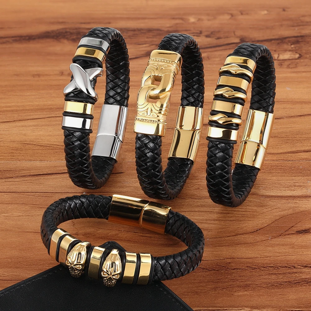 TYO Wholesale Vintage Stainless Steel Charm Bracelet Braided Leather Handmade Bracelets for Men Jewelry 7.5\'\'/8.3\'\'/9.1\'\'
