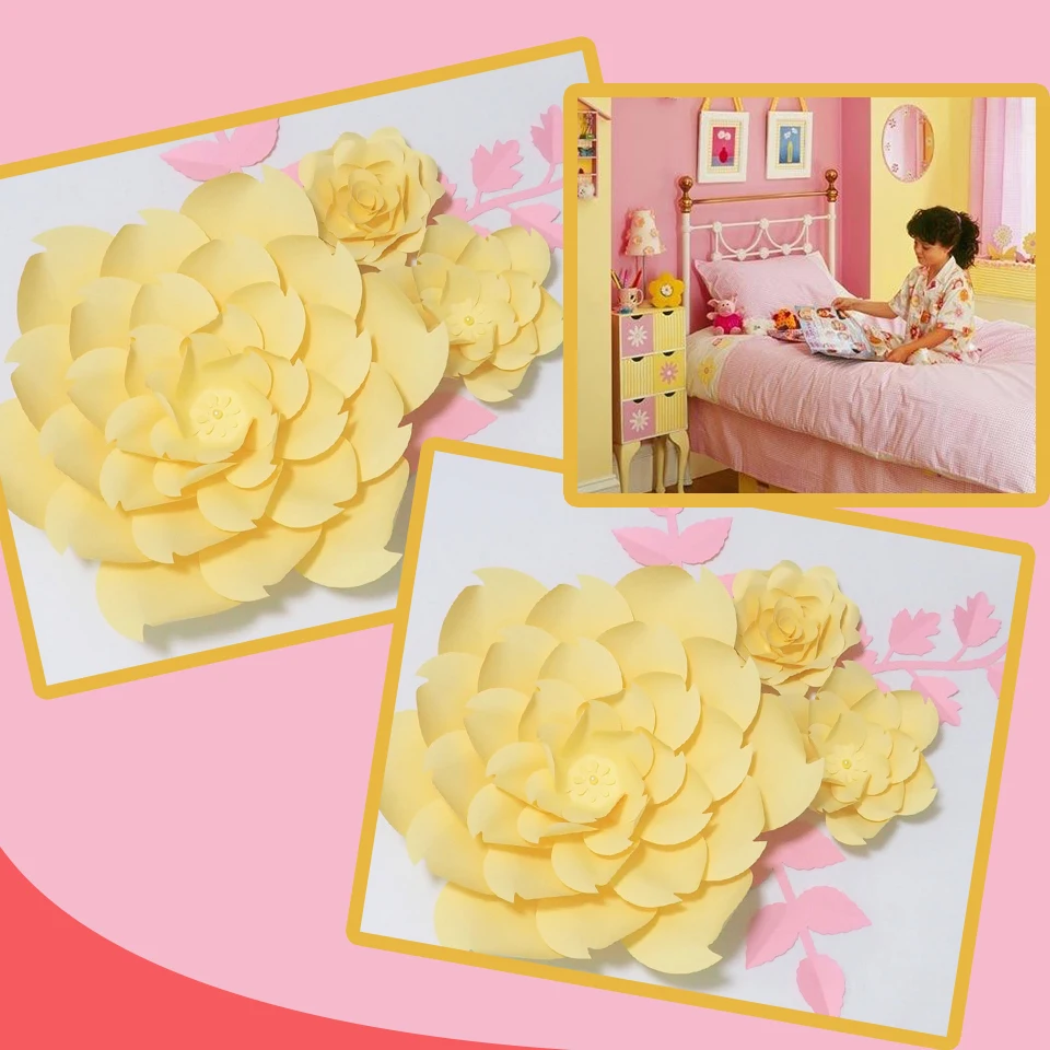 DIY Giant Paper Flowers Fleurs Artificielles Backdrop Artificial Rose 3pcs+3 Leaves Wedding Party Decor Bedroom Decor Yellow