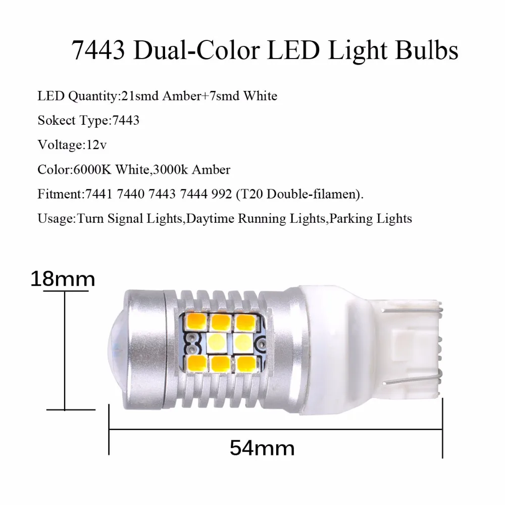 High Power 28-SMD 1157 7443 Dual-Color Switchback LED Bulbs For Front Turn Signal light