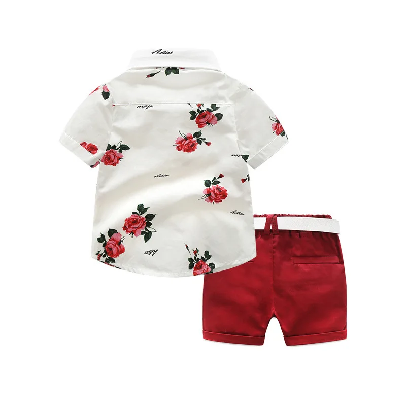 Boys Party Clothes Floral Printed Shirt with Solid Shorts Belt for 1 2 3 4 5 6 7 Years Kids Summer Set Baby Valentine\'s Day Suit