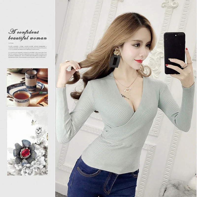 Spring 2023 Sexy Deep V-Neck Ladies Women\'s Pullover Casual Slim Bottoming Sweaters Female Elastic Cotton Long Sleeve Blue Tops