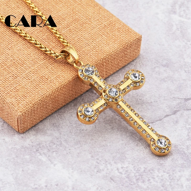 NEW arrival 316L stainless steel rhinestone cross necklace pendant Christian cross pendant snake chain hip hop necklace CAGF0326