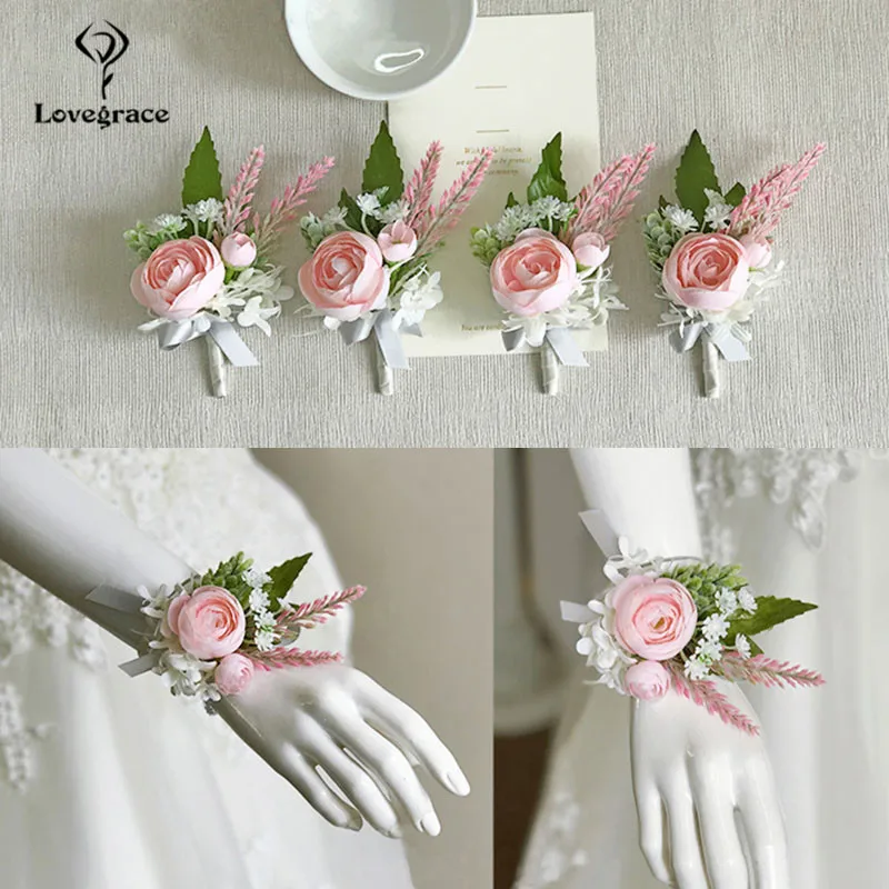 Wedding Accessories Boutonnieres Corsages Pink Roses Cuff Bracelets Bridesmaid Groomsmen Buttonhole Marriage Silk Wrist Corsages