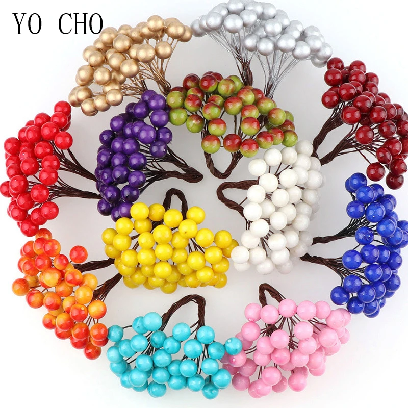 YO CHO Mini Plastic Fake Small Berries Artificial Flower Fruit Stamens Cherry Pearl Wedding DIY Gift Box Decorated Wreaths 20Pcs