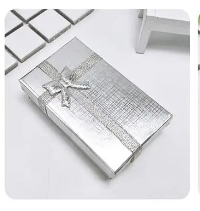 Wholesale 96pcs/lot Silver Paper Jewelry Gift Box 5x8x2.5cm Bow Design Necklace Box Cute Jewelry Packaging Boxes Free Shipping