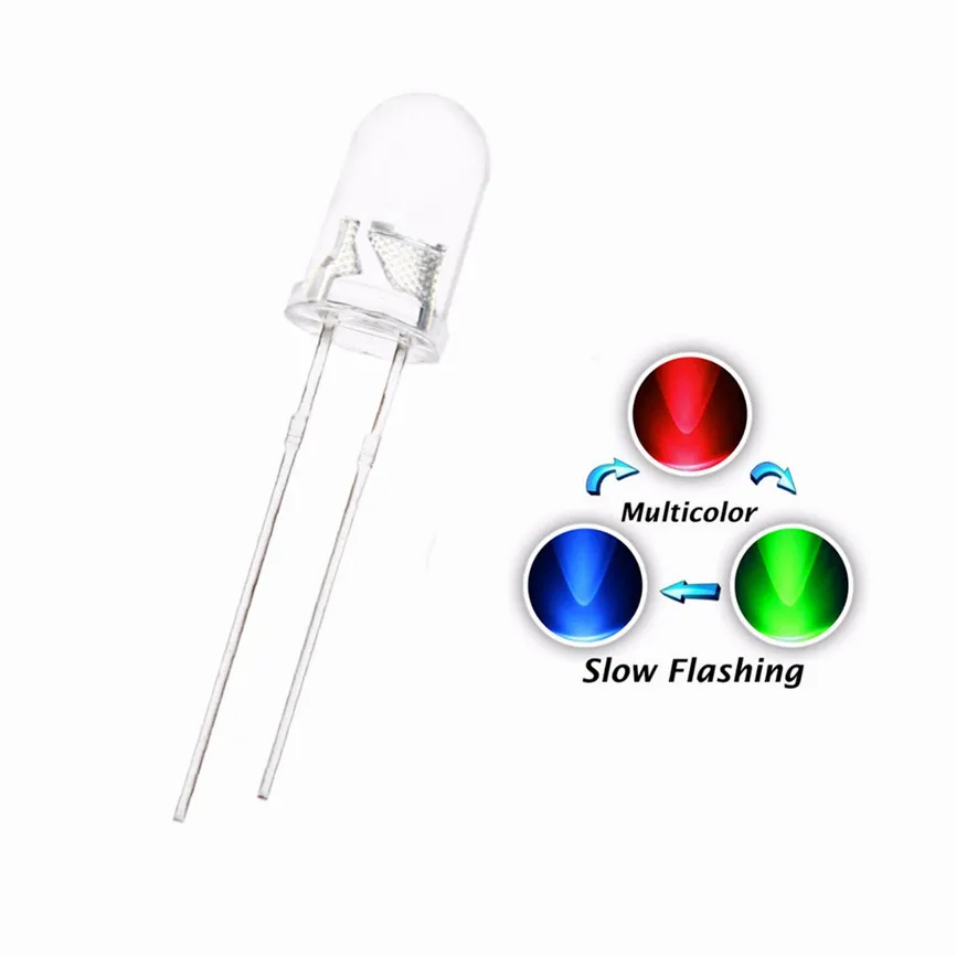 100PCS 5MM RGB LED Slow Flashing Water Clear Red Green Blue 3 Colors Changing Multicolor Lamp Light Beads