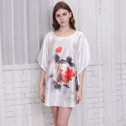 New Summer Silk Sexy Nightgowns Women Elegant Sleepshirts Printed Plus Size Lounge Butterfly Sleeves Coffee Female Nightdress