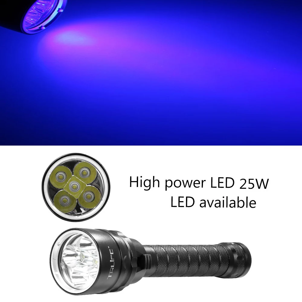 Linterna LED de buceo UV, luz púrpura subacuática de 395nm, 200M, ultravioleta, 5/3 LED, resistente al agua, batería 18650