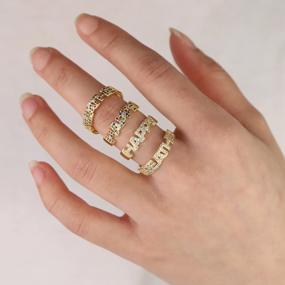 Anillo de compromiso de dedo para mujer, con letras pavimentadas de circonia cúbica colorida, arcoíris blanco relleno de oro, palabras Happy Breathe, significado