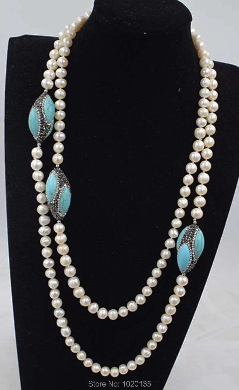 

freshwater pearl white near round 8-9mm and green zircon turquoise egg necklace 50inch FPPJ wholesale beads