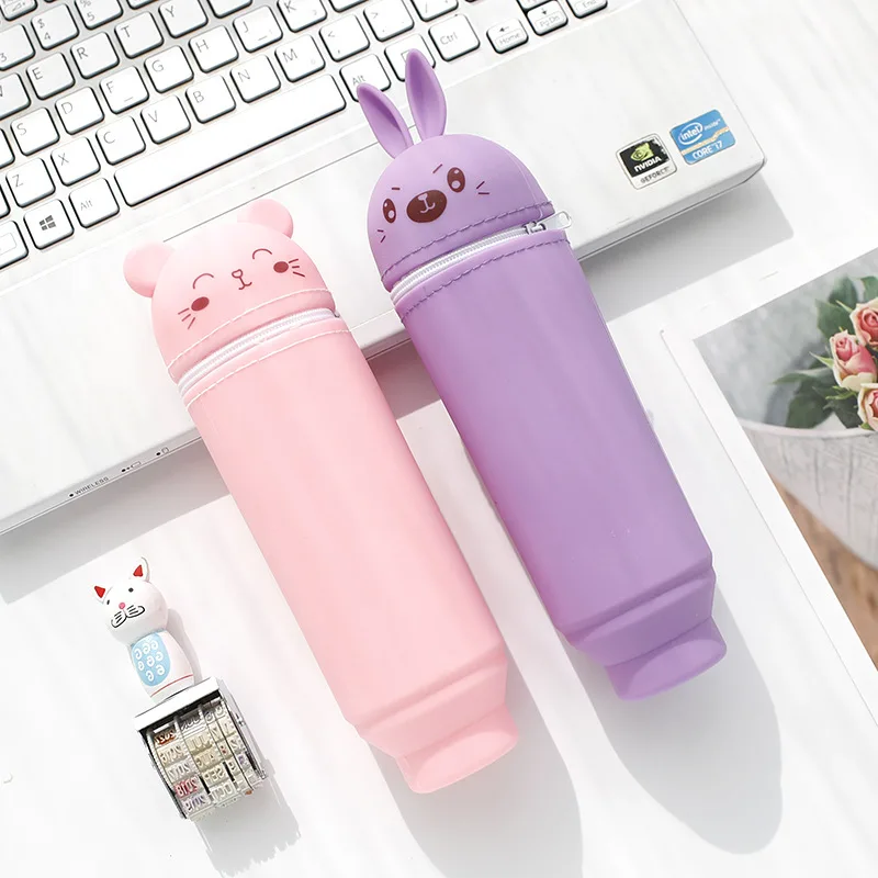 Cute Cartoon Pencil Bag Jelly Color Silicon Pensil Case Kawaii Stationery Pen Holder Stand Up Penzil Box INS Xmas Gift Organizer