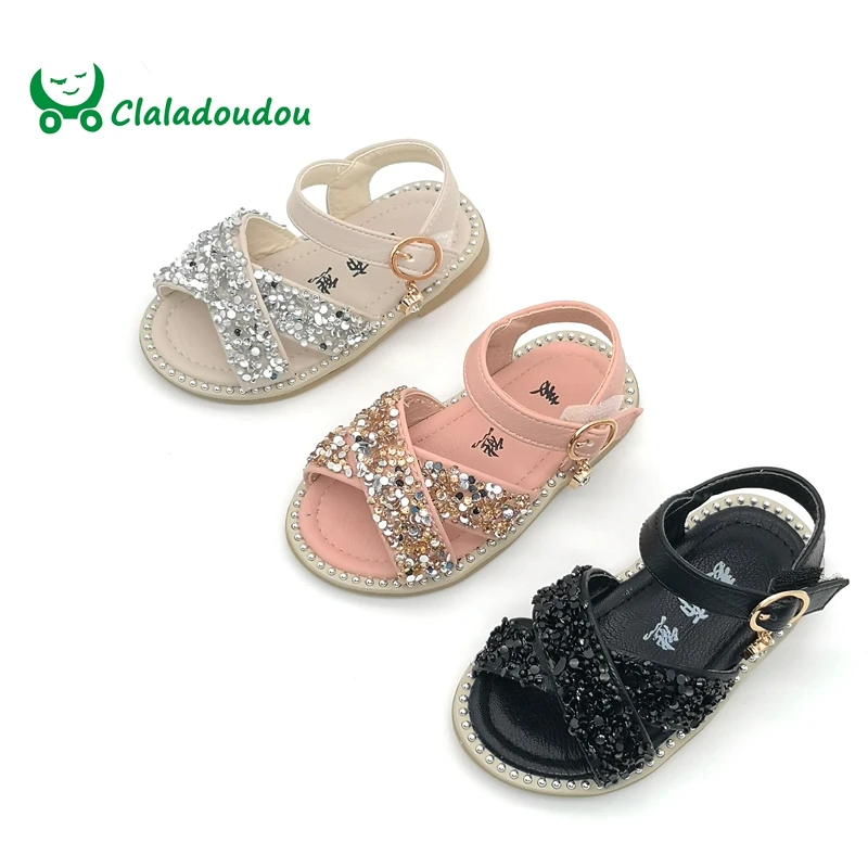 11.5-15.5cm Baby Bling Shoes Girl Baby Sandals Infant Beige Sequin Rhinestone Summer Sandals Kid Girls Princess Party Dress Shoe