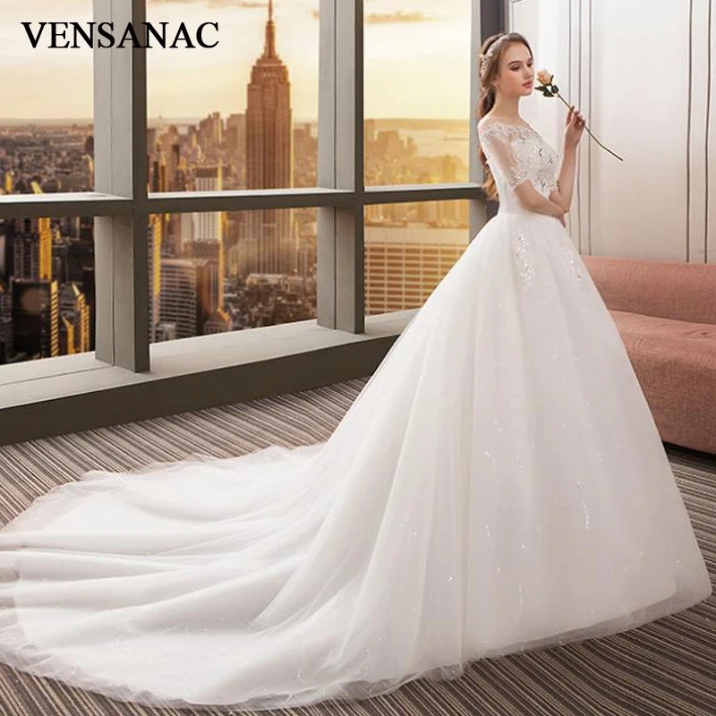 

VENSANAC Crystal Boat Neck Sequined Ball Gown Wedding Dresses Lace Appliques Illusion Short Sleeve Bridal Gowns