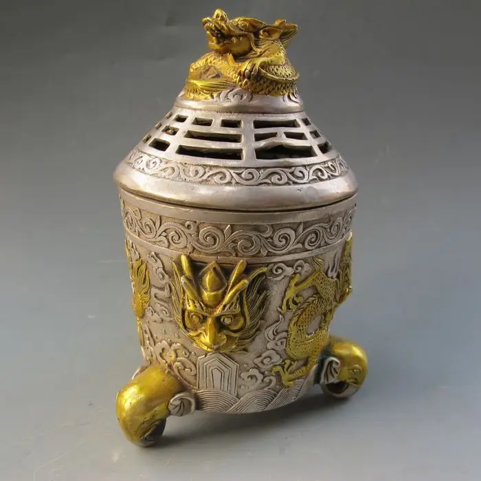 China Silver Gilt Dragon Incense Burner & Lid w Ming Dynasty Xuan De Mark