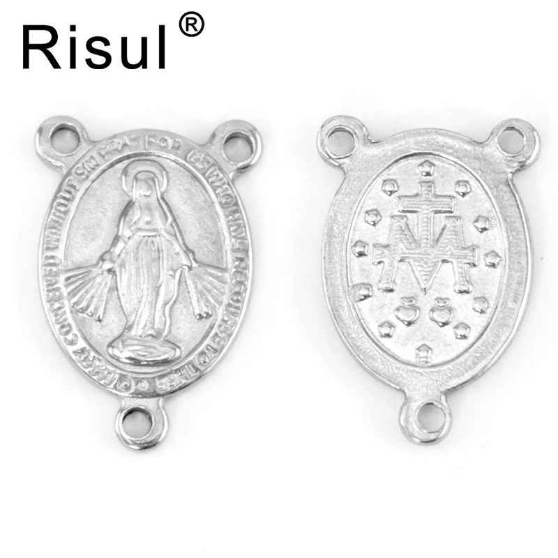 50pcs Stainless Steel THE HOLY ROSARY Connector Medal Catholic Saint Crux Blessed Virgin Mary Cross Tags Round Oval Necklace