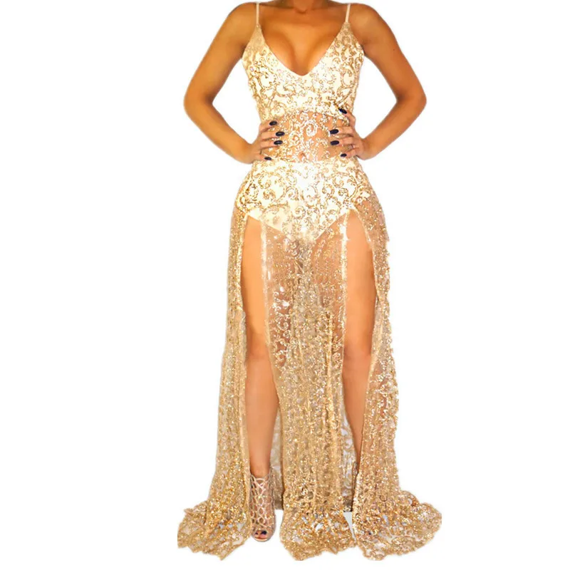 2019 Spaghetti Strap Sleeveless V Neck Golden Silver Sequined Dress Sexy Club Bodycon Party Dress