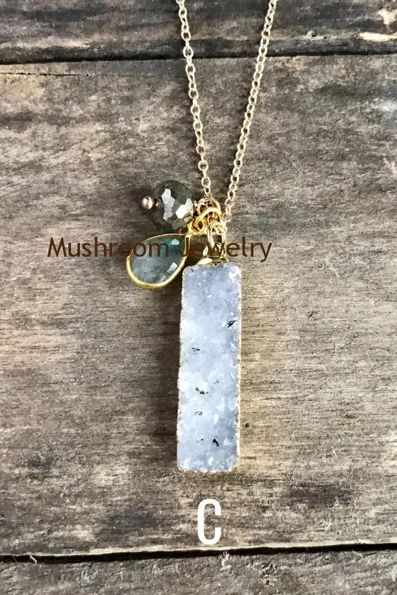 Boho Pyrite Natural Druzy Agate Amethysts Bar labradorite Charm Chain Necklace