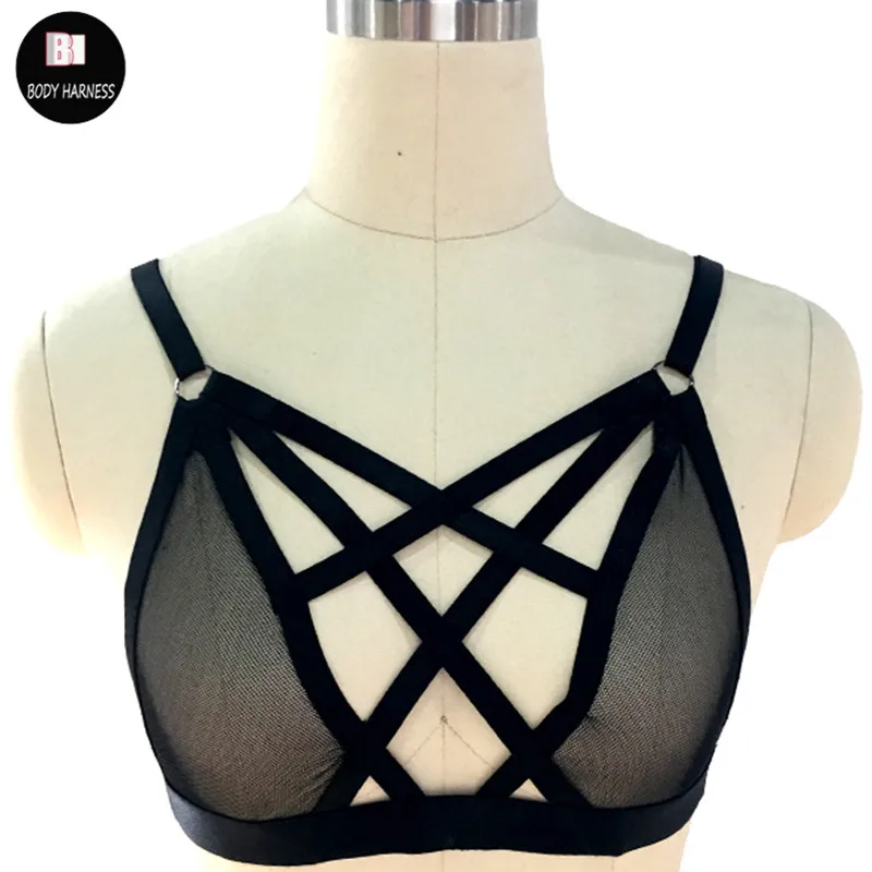 

Black Perspective Mesh Harness Bra Cross Goth Punk Sexy Lingerie Body Harness Summer Sheer Strappy Adjustable Underwear Cage Bra