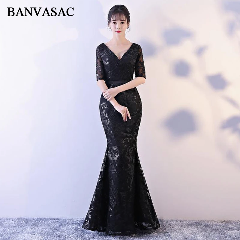 

BANVASAC 2018 V Neck Sequined Mermaid Long Evening Dresses Party Lace Embroidery Half Sleeve Sash Backless Prom Gowns