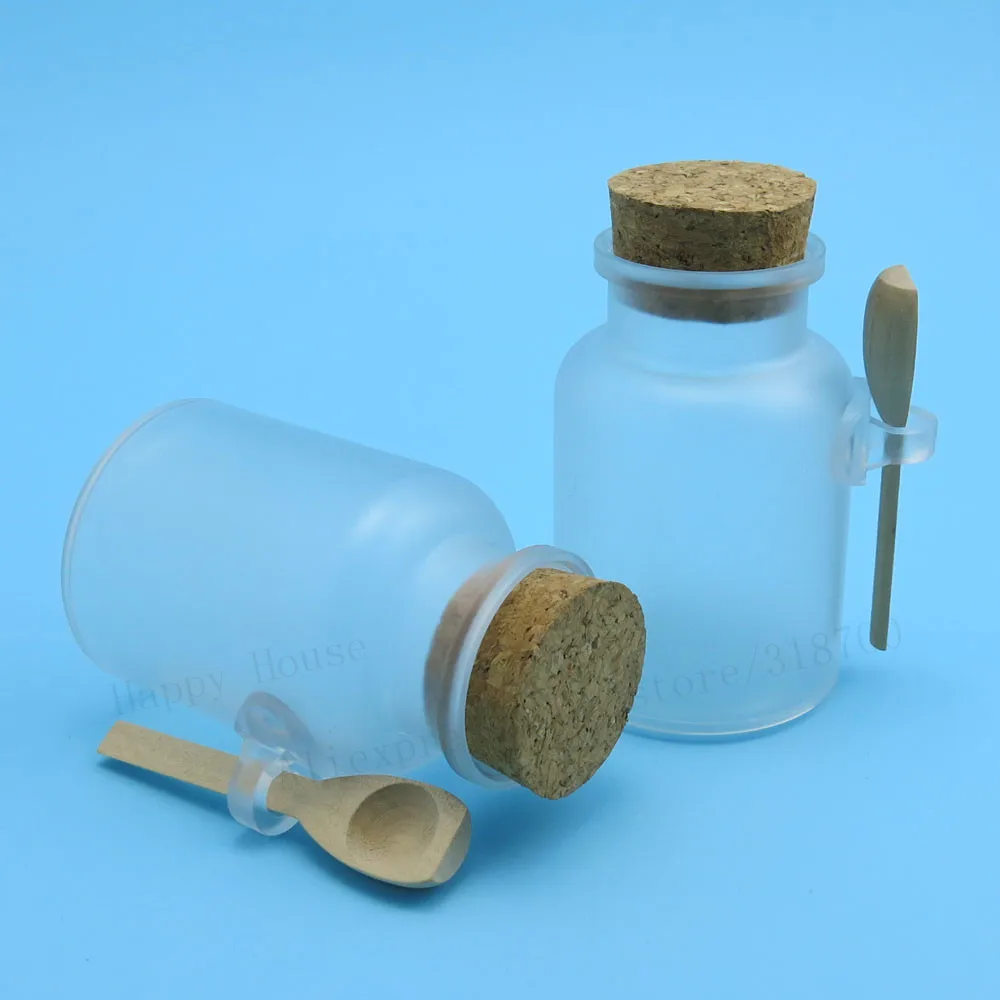 24 x 200g Empty Refillable Bath salt bottle with cork jar with wooden spoon 200ml Powder plastic bottle