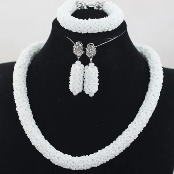 

Latest Handmade Rope Necklace Bracelet Earrings Set Charms White Crystal Bridal Beads Jewelry Set Wholesale Free ShippingABH419