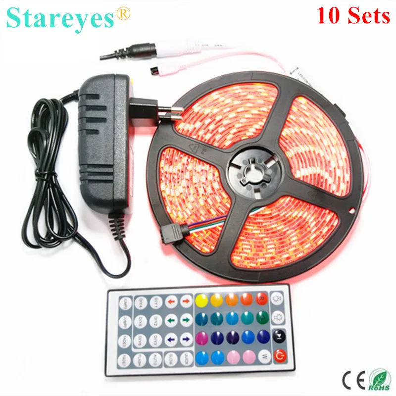 10 Sets SMD 5050 60 LED/M 300LED 5M RGB LED Strip tape single color light IP65 Waterproof strip+Remote/Switch+3A Power Adapter