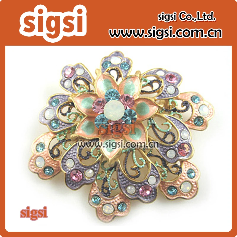 Beautiful enamel flower wholesale metal crystal Rhinestone brooch pin