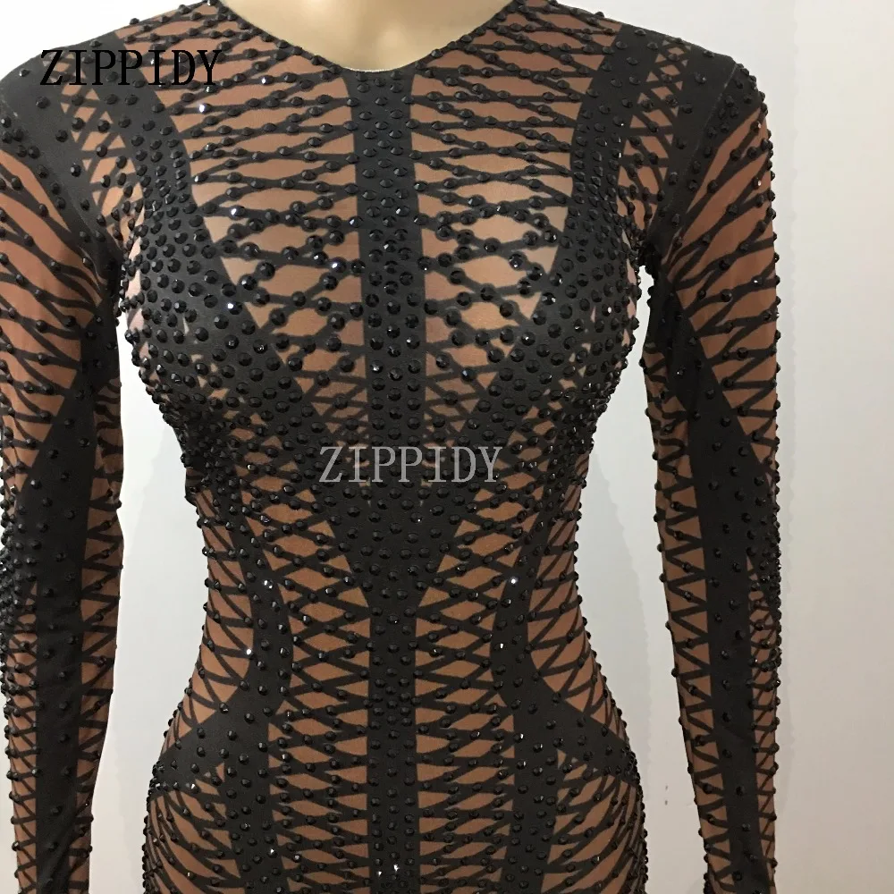 Skinny Black Rhinestones Dark Skin Color Jumpsuit Female Singer Dancer Costume One-piece Bodysuit Nightclub Oufit Party Leggings