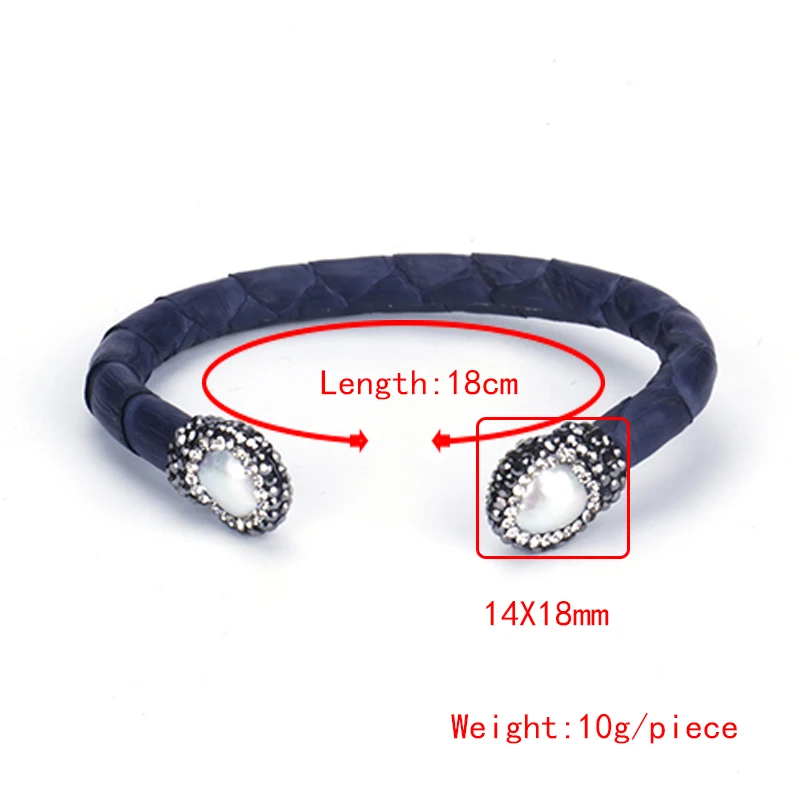 New Freshwater Pearl Bead Charm Pave Rhinestone Grey Rose Dark Blue Real Leather Adjustable Wrap Open Bangle Bracelet Cuff Women