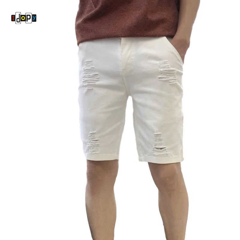 Idopy Classic Mens Jean Shorts White Black Ripped Slim Fit Ripped Distressed Summer Denim Shorts Pants For Male Plus Size 28-44