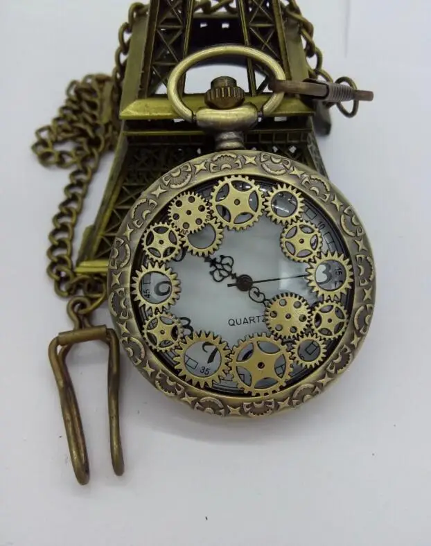 Antique Copper Steampunk Vintage Hollow Bronze Gear Hollow Quartz Pocket Watch FOB Clock Chain Men's and woman2017