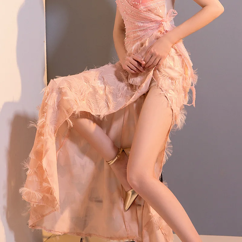 뷰티 에밀리 섹시 슬링 레이스 이브닝 드레스 민소매 쉬폰 술 파티 드레스 백리스 tulle 생일 파티 패션 vestido