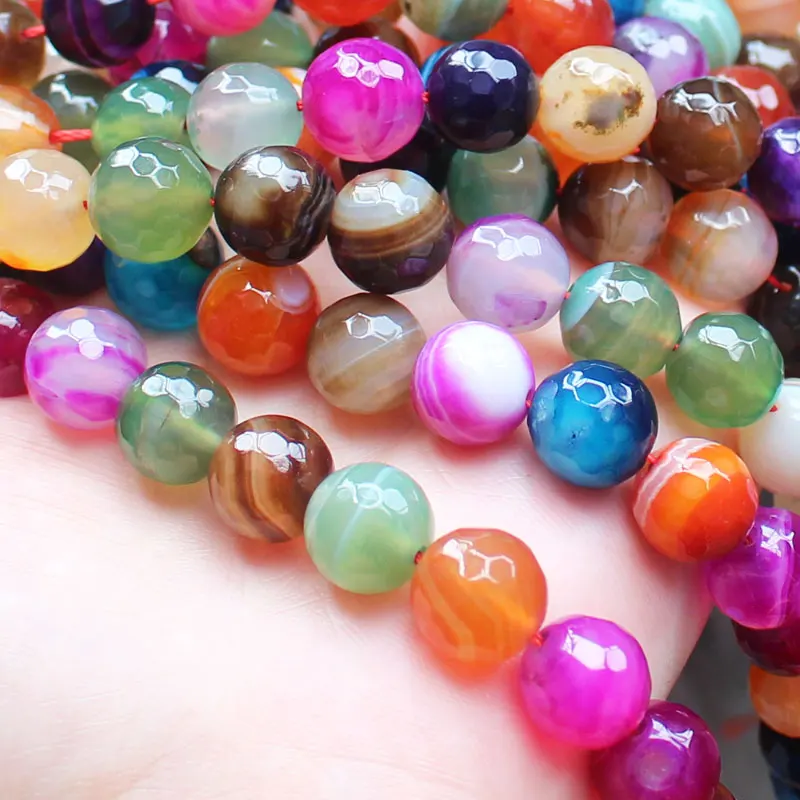 Faceted 12mm Multi-Color Stripe agates Round Loose Beads 15