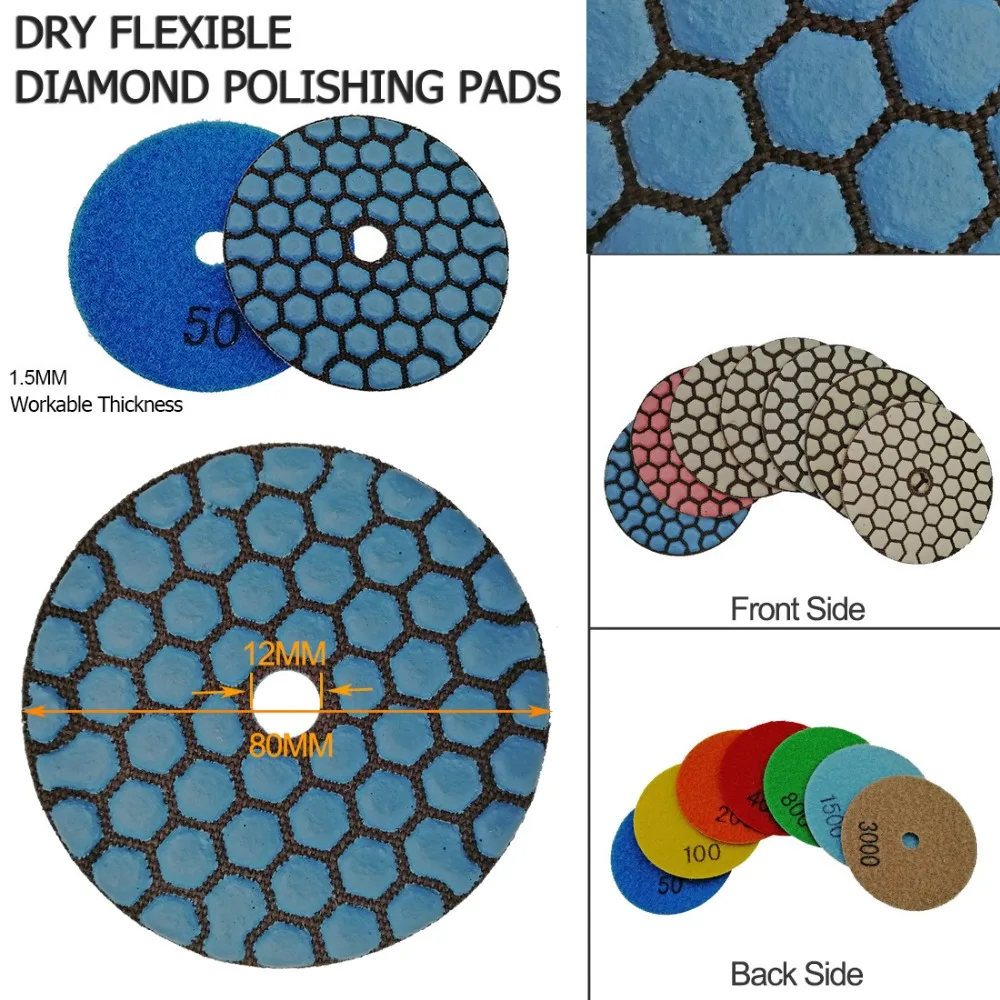 SHDIATOOL 7pcs Diameter 3inch #200 Diamond Dry Polishing Pads Grinding Discs 80mm Resin Bond Diamond Flexible Sanding Disks