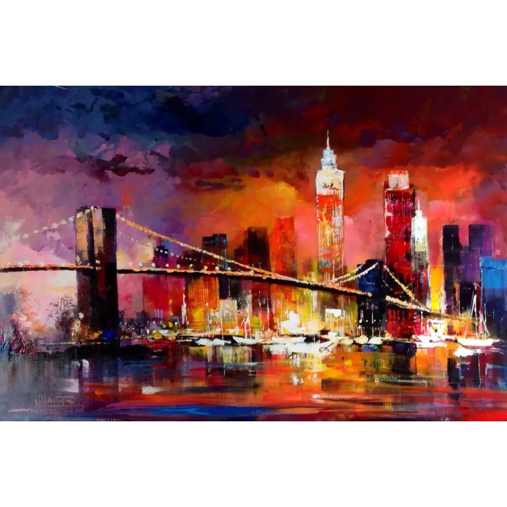 

Contemporary Canvas Art Landscape Paintings Bridge Skyline Vibrant Colors Artwork for Living Room Handmade High Quality