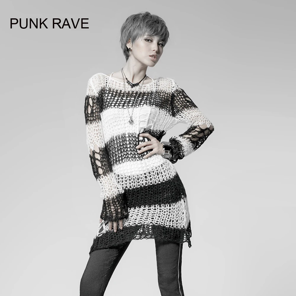 

Punk Gothic SWEATER Visual Kei fashion Kera white stripes Shirt Top TOP Black Steampunk pullover PM004