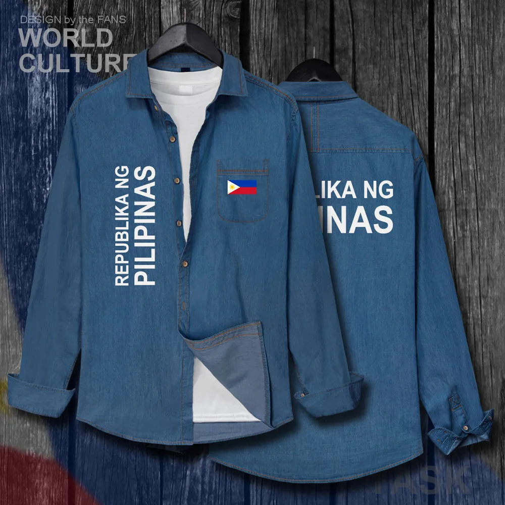 

Philippines Pilipinas PH PHL PHI Clothes Spring Autumn Turn-down Collar Jeans Shirt Long Sleeve Cowboy Coat Flags Fashion Tops