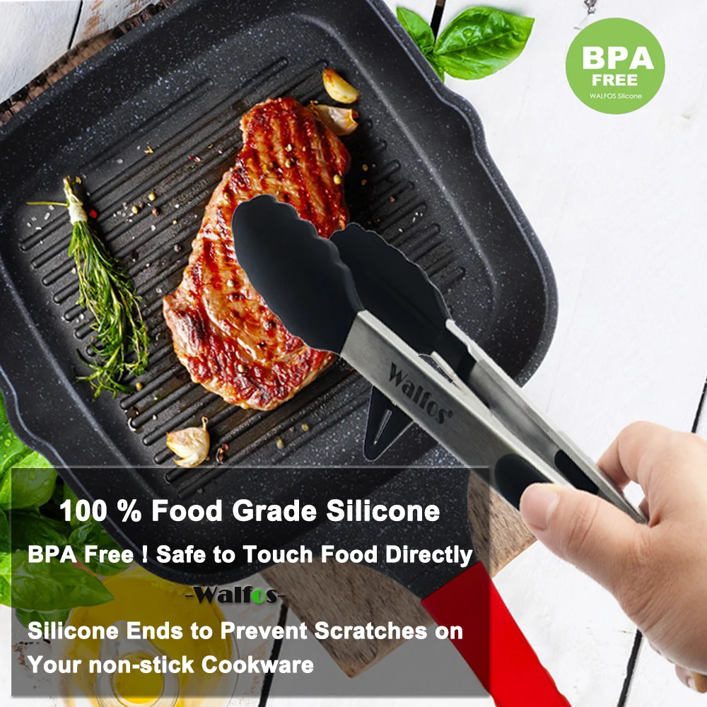 WALFOS 22 CM And 30CM Food Grade 100% Silicone Food Tong Kitchen Tongs Utensil Cooking Tong Clip Clamp Salad Serving BBQ Tools
