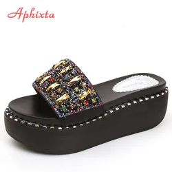 Aphixta-Sandalias de plataforma con diamantes de imitación para mujer, zapatillas con piedras preciosas, zapatillas de cuña, zapatos de playa con cuentas de cadena