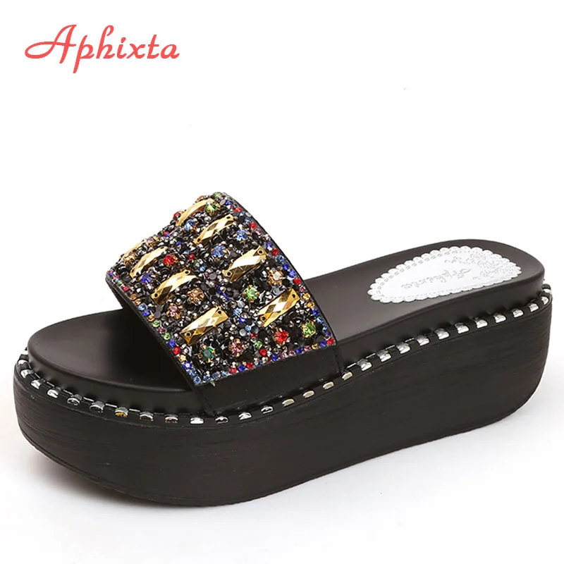 Aphixta Platform Rhinestone Sandals Slippers Women Gemstone Slides Women Shoes Wedge Slippers String Bead Beach Slides Shoes