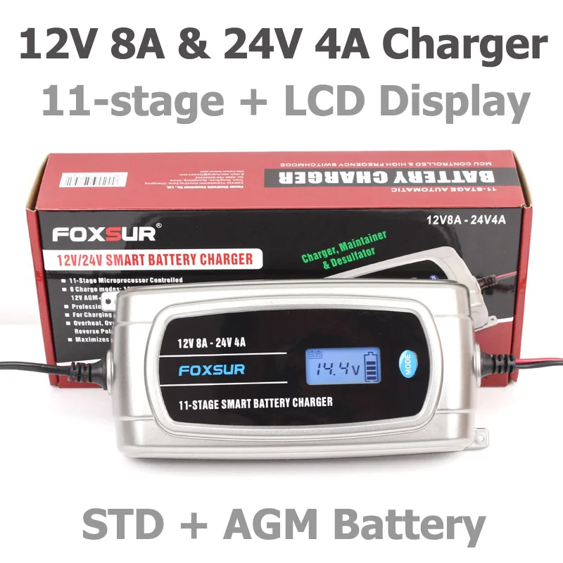 FOXSUR 12V 24V Waterproof Truck Car Battery Charger, EFB GEL WET AGM Battery Charger with LCD Display, Battery Type Selectable