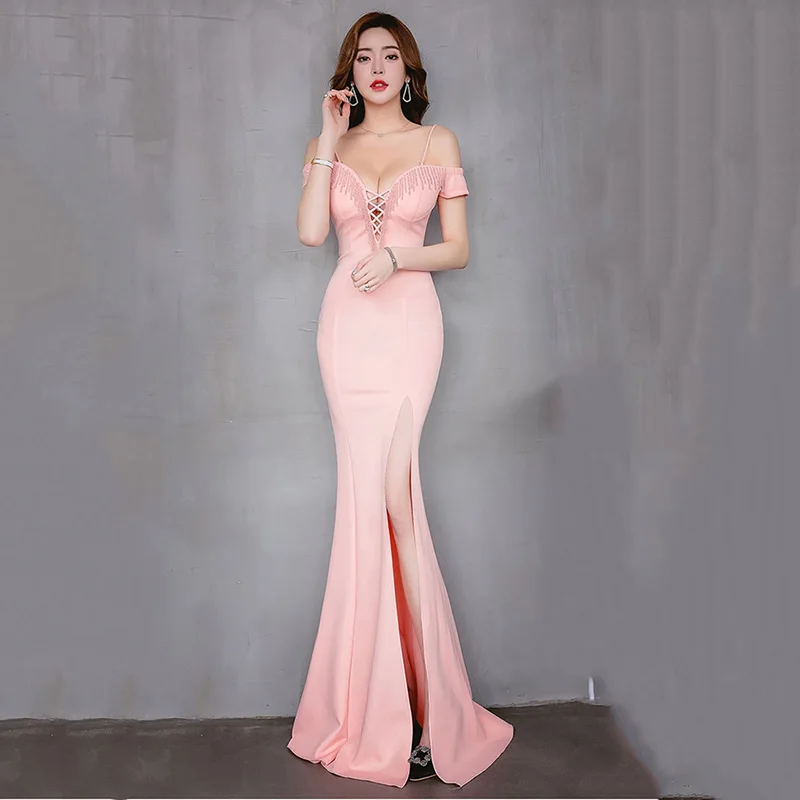 

Corzzet Sexy Cross Bandage Off Shoulder Deep Neck Party Dress Pink Beading Cotton Slit Bridesmaids Elegant Mermaid Slim Dress