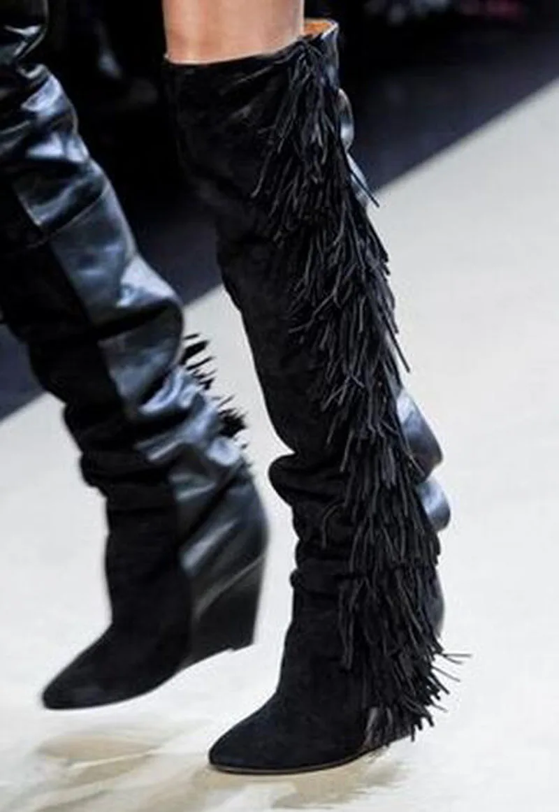 

Sexy Ladies Suede Patchwork Wedges Heels Fringe Knee High Boots Female Catwalk Back Tassel Covered Knight Boots for Ladies