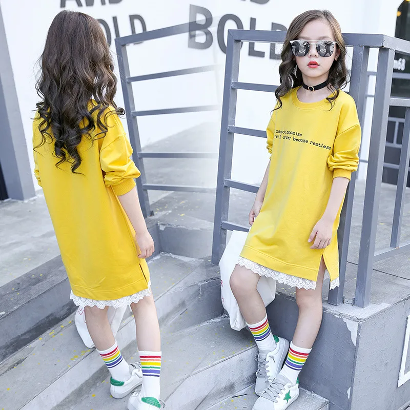 Teenage Girls Hoodie Dress Long Sleeve Girls Dress with Lace Spring New Kids Girls Casual Dresses Girls T-shirt Dress Fall