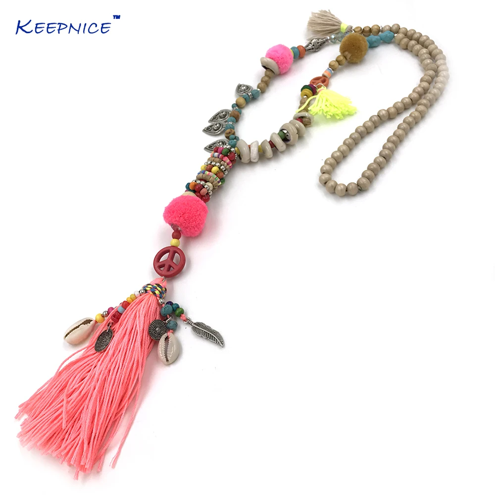 

New Clothing Accessories Bohemian Wood Beaded Tassel Long Necklace Pink Fringes Pompous Pendants Necklace For Women summer