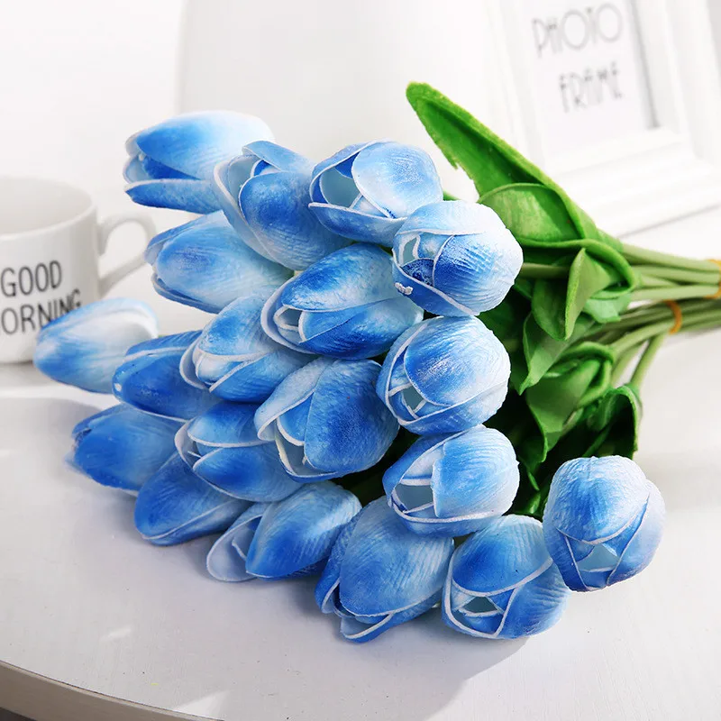 

High Quality 1pcs Blue Real Touch Tulip Artificial Tulips For Home Decoration Mini Tulips Flowers White PU Tulip Flower Bouquets