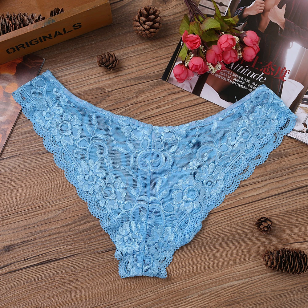 Mens Sexy Wetlook Sissy Panties Lingerie Lace Floral Bulge Pouch Low Rise Briefs See Through Jockstraps Underwear Underpants