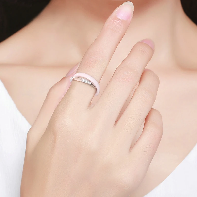 New Stainless Steel Ceramic Pink Round Zircon Ring For Women Girl Wedding Fashion Jewelry Engagement Promise Double Finger Rings