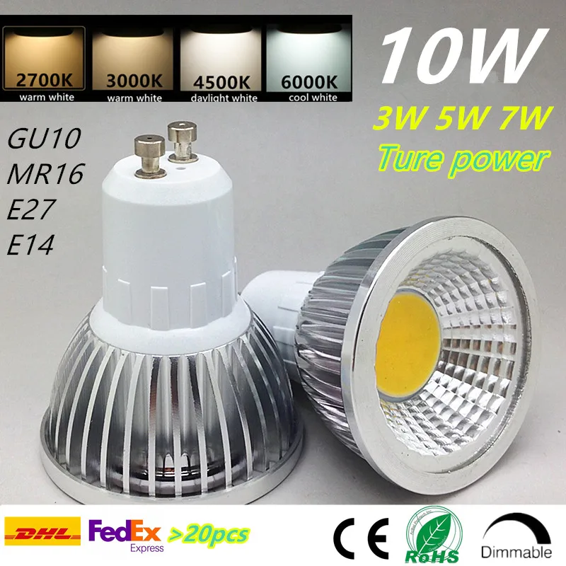 10pcs GU10 Cob dimmerabile lampadina a LED E27 E14 Mr16 faretto 3w 5w 7w 10w bianco caldo 2700k 3000k alogeno di potenza reale